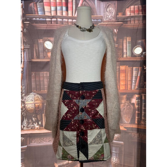 Cottagecore Quilted Skirt Handmade Patchwork Button Front...